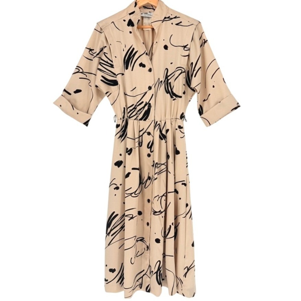 Vintage 80s Abstract Secretary Shirt Dress Beige 10 Willi California Mod Retro